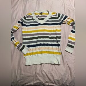 Striped V-Neck Long Sleeve Sweater - White with Yellow, Blue & Gray Stripes